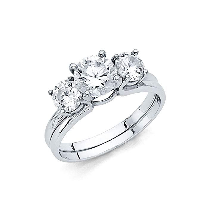 14K Solid White Gold Polished Cubic Zirconia Wedding Engagement Ring with Side Stones