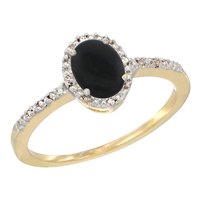 14K White Gold Diamond Natural Black Onyx Engagement Ring Oval 7x5 mm, sizes 5 - 10