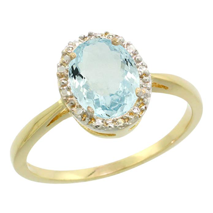 10K Yellow Gold Natural Aquamarine Diamond Halo Engagement Ring Oval 8X6mm, sizes 5-10
