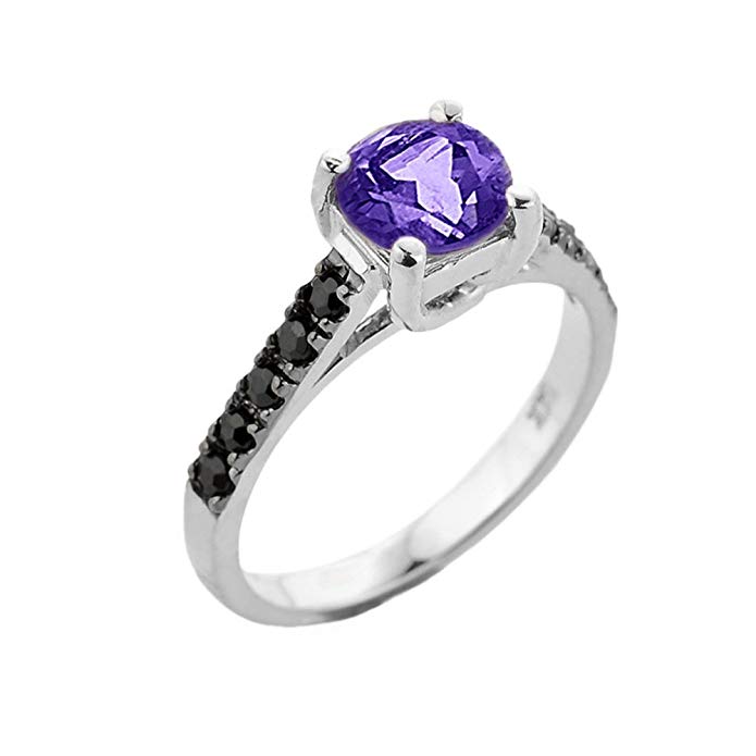 10k White Gold February Birthstone Solitaire Amethyst Engagement Ring with Black Diamonds
