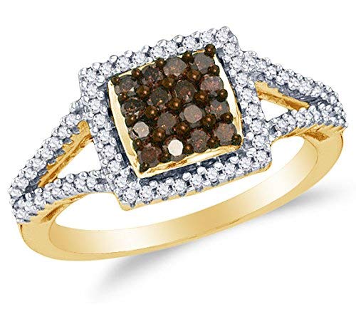 Sonia Jewels 10K Yellow Gold Chocolate Brown & White Round Diamond Halo Circle Engagement Ring - Channel Set Square Princess Center Setting Shape (1/2 cttw.)