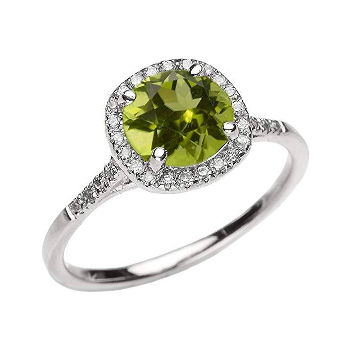 Dainty 14k White Gold Halo Diamond and Peridot Centerstone Engagement Proposal Ring