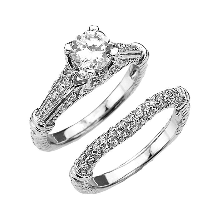 Fine 10k White Gold 2 Carat Total Art Deco Engagement Wedding Ring Set