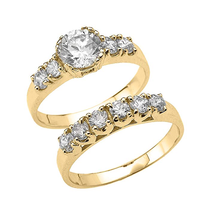 3.5 Carat Total Weight Round Cut CZ Engagement Wedding Ring Set in 10k Yellow Gold