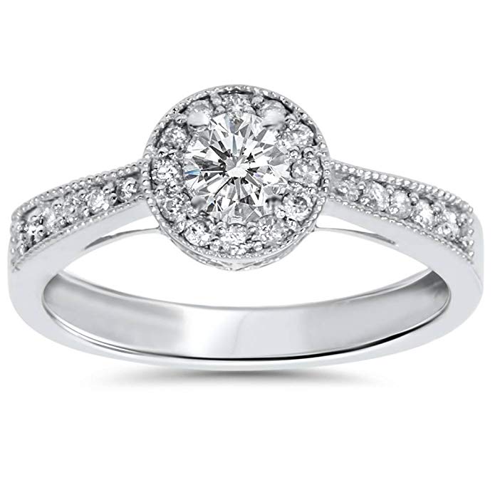 1/2ct Vintage Diamond Halo Engagement Ring 10K White Gold