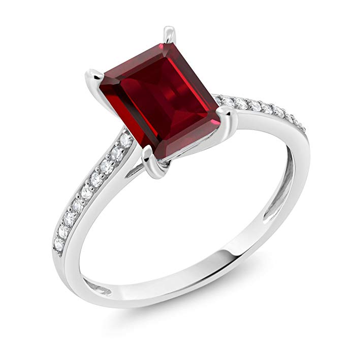 10K White Gold 2.08 Ct Emerald Cut Red Garnet White Diamond Engagement Ring (Available 5,6,7,8,9)