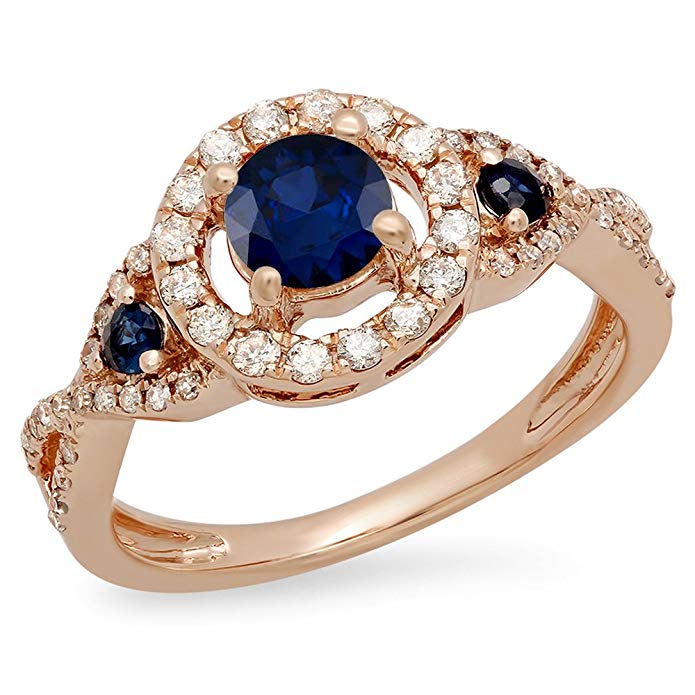 Dazzlingrock Collection 10K Gold Round Blue Sapphire & White Diamond Ladies 3 Stone Swirl Halo Vintage Bridal Engagement Ring