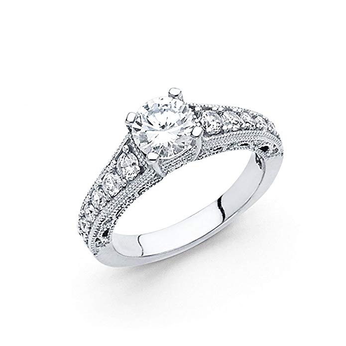 14K Solid White Gold Round Cut 1.50 cttw Cubic Zirconia Wedding Engagement Ring