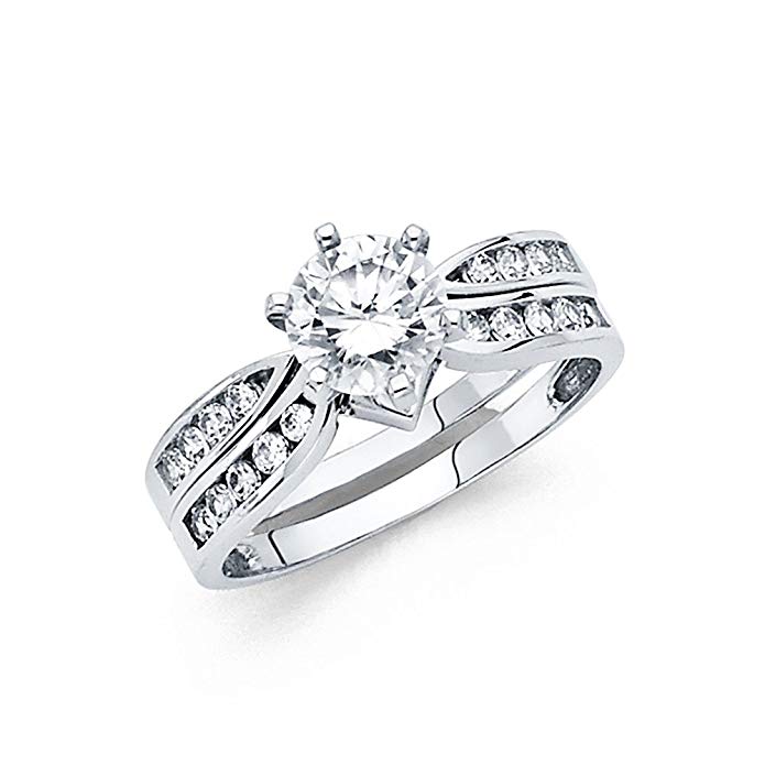 14K Solid White Gold 2 Piece Set Brilliant Cut Solitaire Cubic Zirconia Wedding Engagement Ring