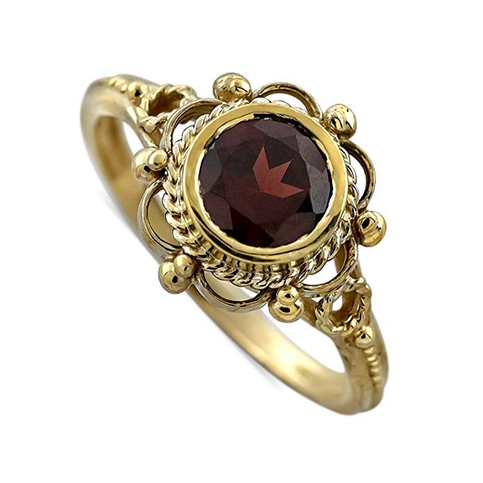 14K Yellow Gold Victorian Style Bezel Set Red Garnet Engagement Ring