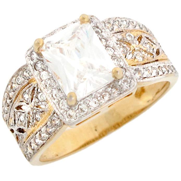 14k Two-Tone Gold Stunning Rectangle CZ Engagement Ring with Accents