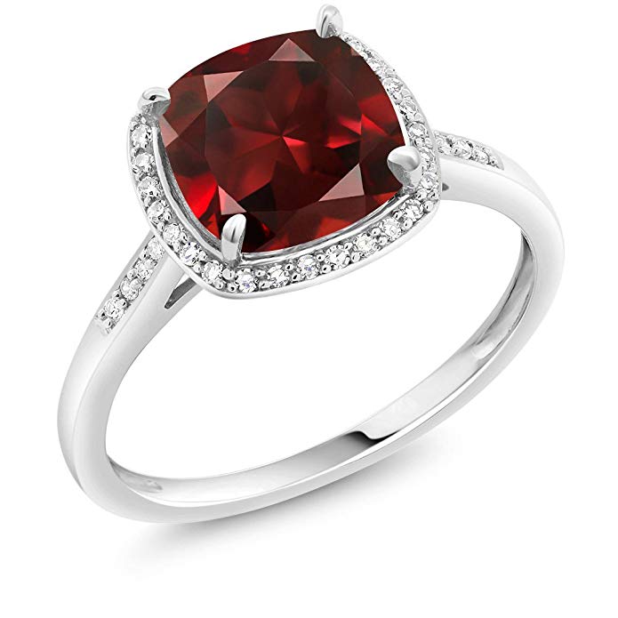 10K White Gold Ring Red Garnet and Accent Diamond Women's Engagement Ring 2.74 Ctw Cushion Cut (Available 5,6,7,8,9)