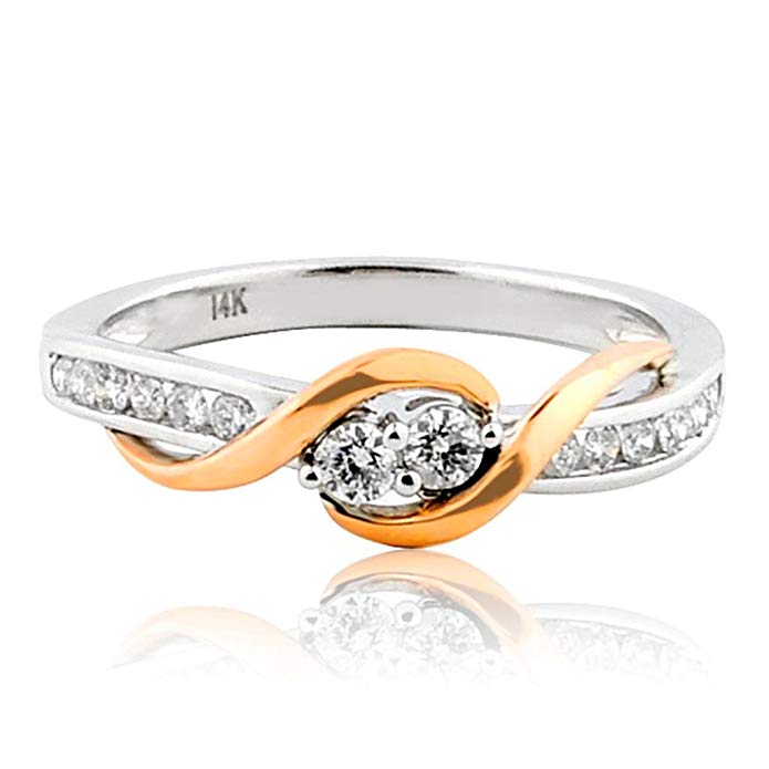 Midwest Jewellery 2 Stone Diamond Ring 14K White Gold and Rose Gold Tone 1/4ctw Two Tone Two Stone