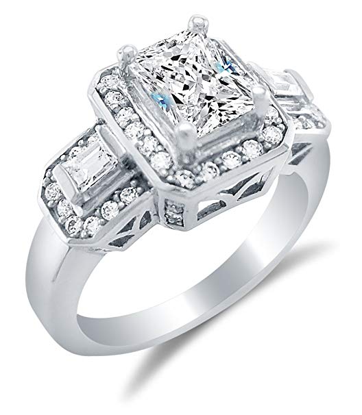 Solid 14k White Gold Emerald-Cut / Shape Solitaire with Baguette and Round Side Stones Highest Quality CZ Cubic Zirconia Engagement Ring 2.75ct.