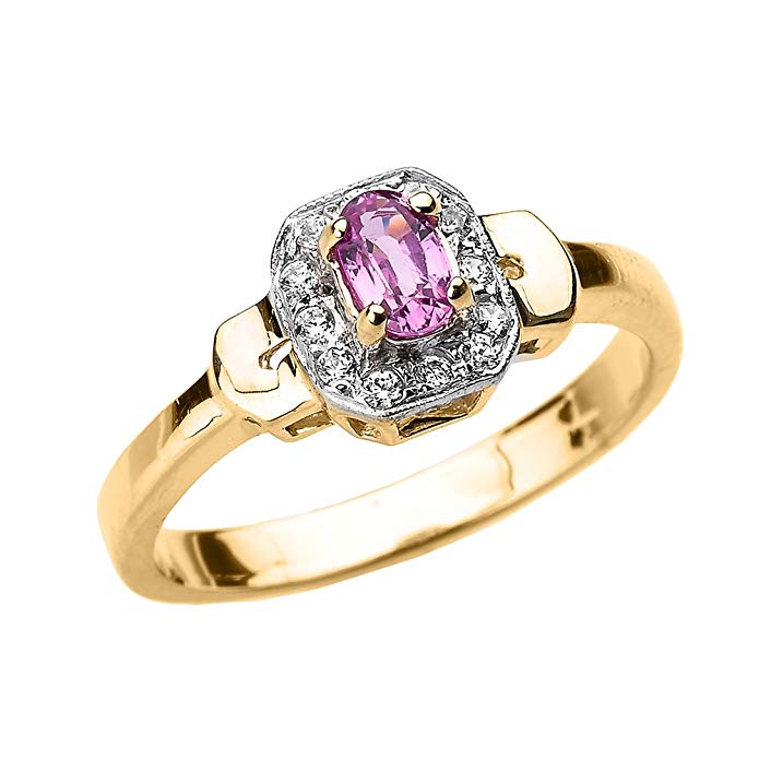 Solid 10k Yellow Gold Beautiful Diamond and Pink Sapphire Engagement Ring