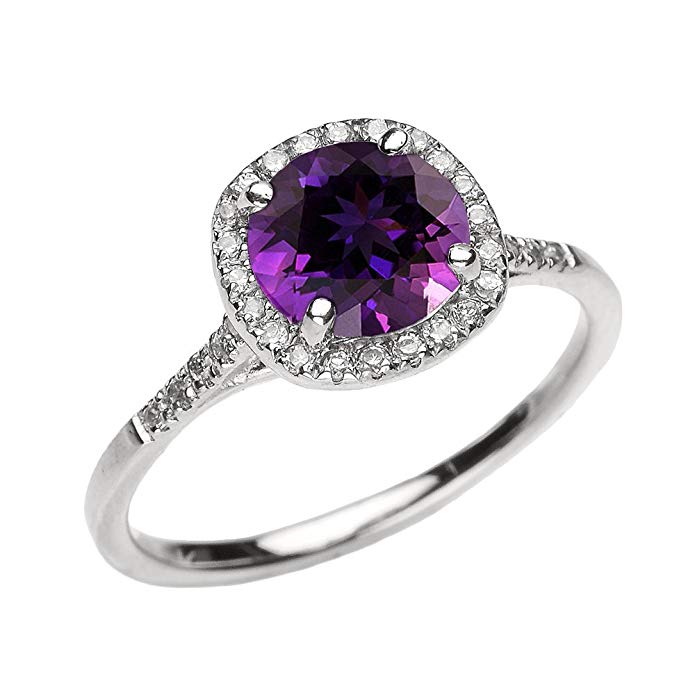 Dainty 10k White Gold Halo Diamond and Amethyst Centerstone Engagement Proposal Ring