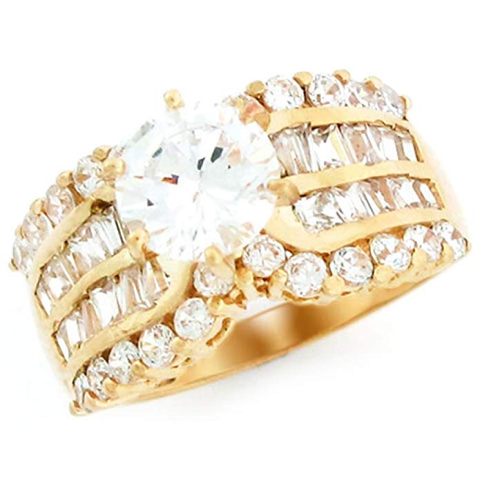 10k Gold Shiny 3.2ct Round CZ Baguette Engagement Ring