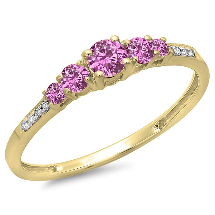 Dazzlingrock Collection 14K Gold Round Cut Pink Sapphire & White Diamond Ladies Bridal 5 Stone Engagement Ring