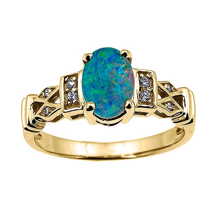 Solid 14k Yellow Gold Australian Opal Doublet and Diamond Engagement Proposal Ring