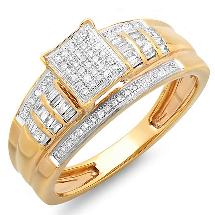0.33 Carat (ctw) 10K Yellow Gold Round & Baguette Cut Ladies Diamond Bridal Engagement Ring 1/3 CT