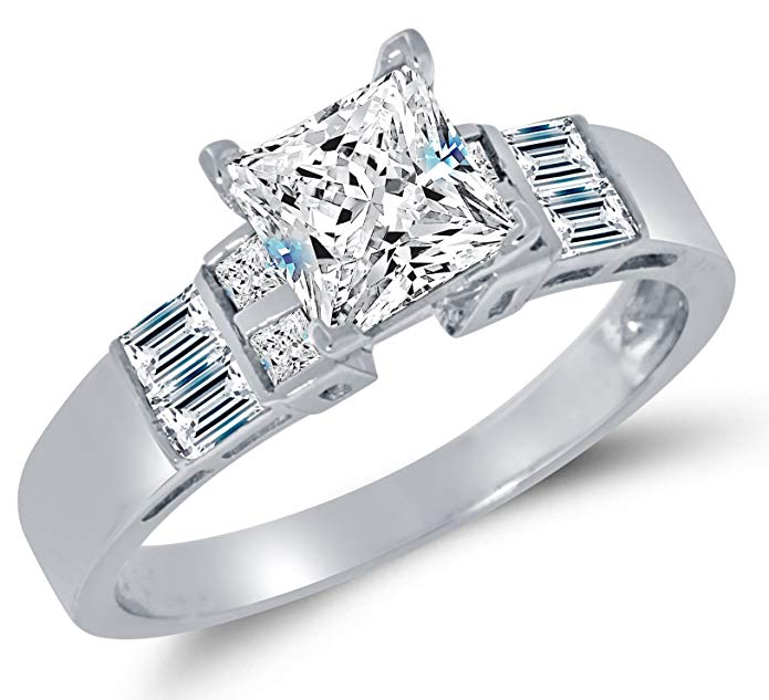 Solid 14k White Gold Highest Quality CZ Cubic Zirconia Engagement Ring - Princess Cut Solitaire with Baguette Side Stones (1.75cttw., 1.5ct. Center)